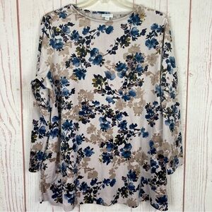 J. Jill Pure Jill Size XL Velour Velvet Tunic Knit Top Pale Pink Floral Pockets